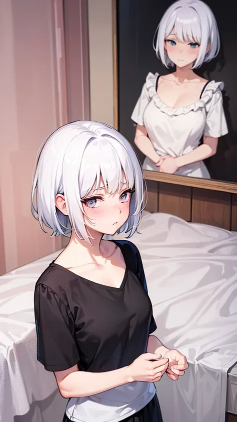  (8K, 4K, Best Quality, High Resolution: 1.2) ,1 girl, megami magazine, white hair, short hair, mature face, ashamed look, mature face, blush, 3/4 angle view, anime style colouring, face view