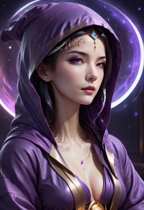 correct anatomy: 1.5, a beautiful and sexual astrologer in a dark purple hooded robe, meditate with your eyes closed, in the dim...