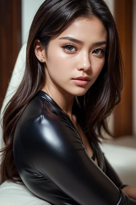 (realistic, photo-realistic:1.37),(8k, RAW photo, best quality, masterpiece:1.2), (girl:1.1), cute Seolhyun (KPop star), (wearing tight leather pants and silk blouse with shoulder length flowing hair), ultra-detailed, heart-shaped pupils, physically-based ...