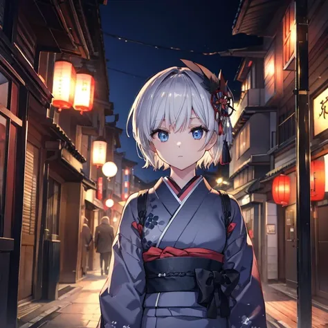 (((1 person)))　((High resolution　Gray Hair　short hair　Black kimono　shoulder))　((Black Band　military commander　Lonely　despair　blue eyes))　((night　Japanese style　old　Shining Aura　Townscape　View))　