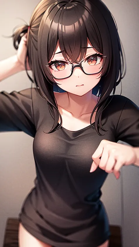 Dark skinned, female, black shirt, black skirt,amber eyes, round glasses, messy black hair