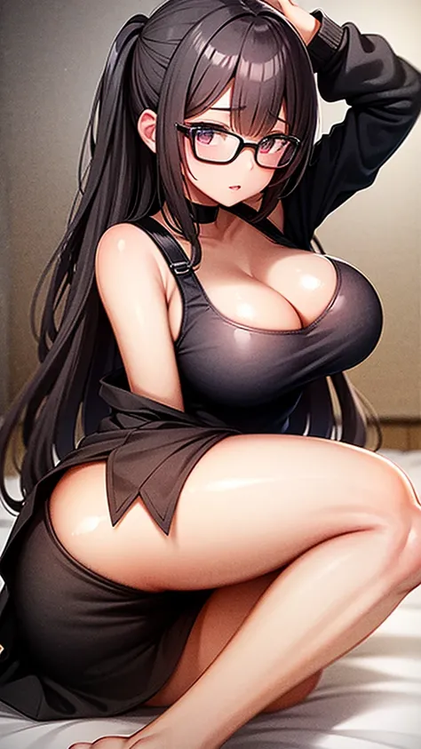 Dark skinned, female, black shirt, black skirt,amber eyes, round glasses, messy black hair