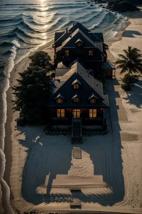 dark luxury house on a beach, realistic, sun goes down, perfect house