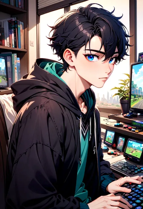 a chinese college male teenager, freshman, gaming nerd, wearing hoody, handsome