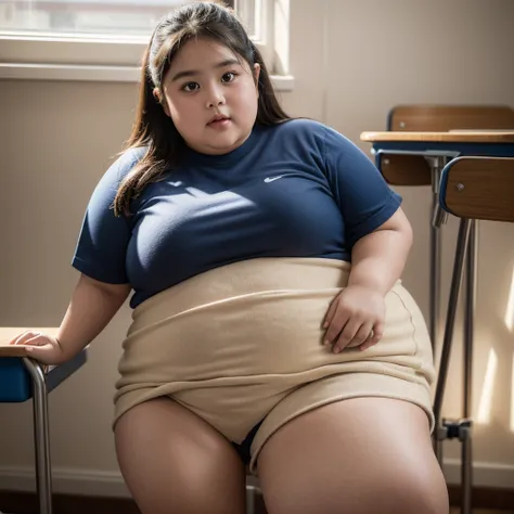 a 10 year old obese girl, chubby cheeks, round face, double chin, thick arms and legs, wearing a , standing in a school setting, realistic, detailed, highly detailed, intricate details, photorealistic, 8k, masterpiece, cinematic lighting, dramatic shadows,...