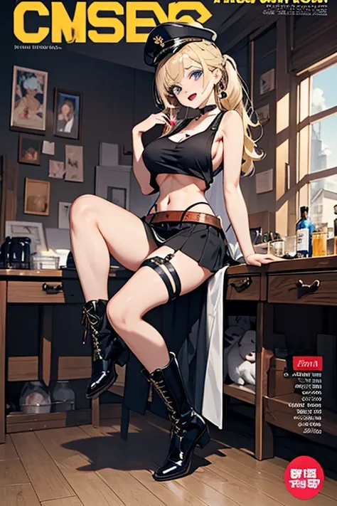 (masterpiece:1.2), (Military uniform magazine cover:1.4),best quality,PIXIV,Sweet girl , sexy posture,1girl, (perky chest:1.2), rolling upskirt by wind:1.6, (with sparkling eyes and a contagious smile),open mouth, (pointed chest:1.2),fishnets, black hair, ...