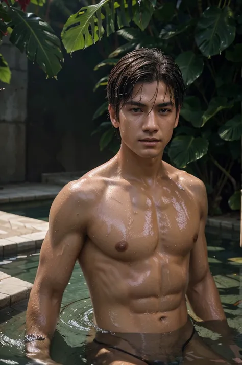 1 boy, Young male, Detailed eyes and faces, Perfect male body, face to camera, (short hair, half body inside water, Topless, bathe in water, wet hair and body),portrait, Chinese clothing, China Landscape, Outdoor, Hibiscus, Hibiscus park, color difference,...