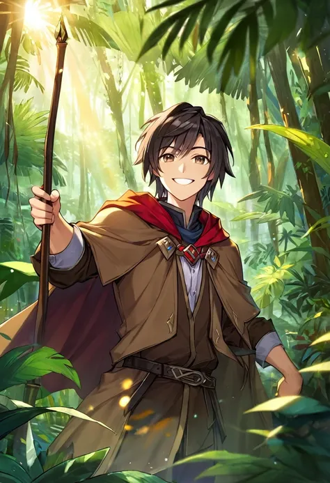 man, dnd, adventurer, brown cloak,black hair ,jungle , sun light, warm smile