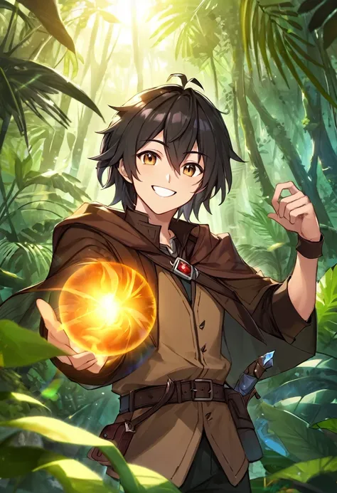 man, dnd, adventurer, brown cloak,black hair ,jungle , sun light, warm smile