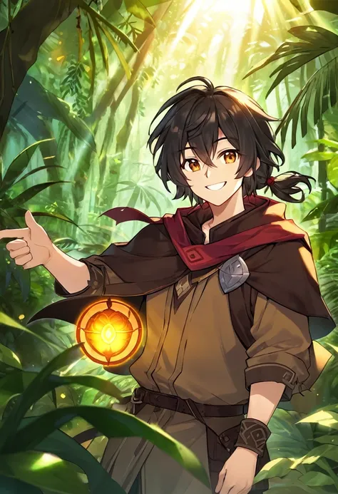 man, dnd, adventurer, brown cloak,black hair ,jungle , sun light, warm smile