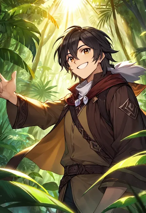 man, dnd, adventurer, brown cloak,black hair ,jungle , sun light, warm smile