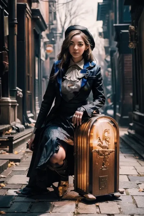 Young beautiful girl, Emma Myers, American, SOFT SMILING FACE, HAVE A BROWN HAIR, wears a old work cap, wears old-fashioned clothes, 19th century, poverty-stricken clothes, old torn clothes, 19th century period clothing, holding a bouquet, standing before ...