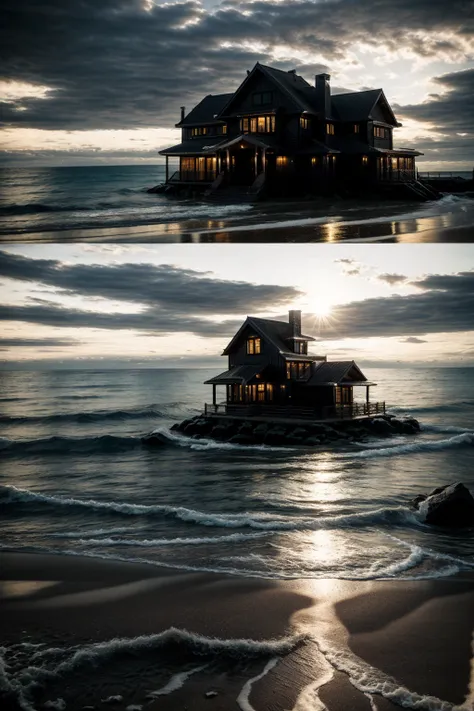 dark luxury house on a beach, realistic, sun goes down, perfect house, wenig wellen