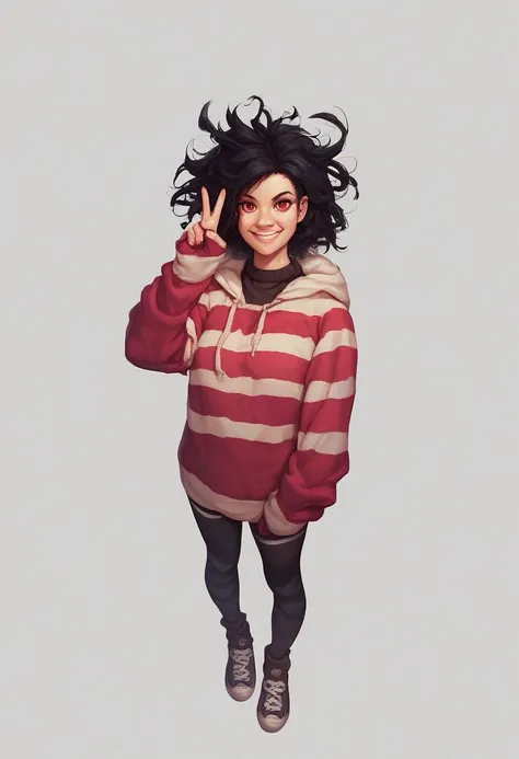 sarah_henderson, 1girl, solo, looking at viewer, smile, simple background, black hair, red eyes, white background, striped, hood, sweater, v, hoodie, messy hair, full body, source