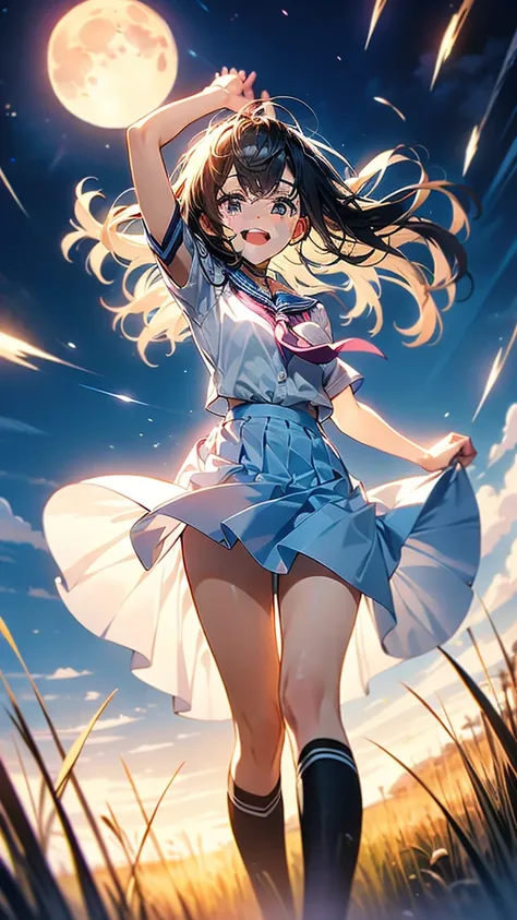 in 8K、top-quality、​masterpiece、Ultra-detail、Ultra-high resolution、Anime style、1 High School Girl、Uniforms、Pampas grass steppe、fullmoon、moonlights、Check skirt、Skirt flipping in the wind、dance、A delightful、perspiring