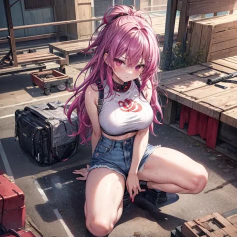 ((Highest quality)), ((masterpiece)), ((detailed)), (4K), 1girl, 独奏, magenta hair, long hair, Crop top, denim shorts, squatting, (open legs), large breasts, angry, looking at viewer, (from above), breast focus, town, wasteland, sweat