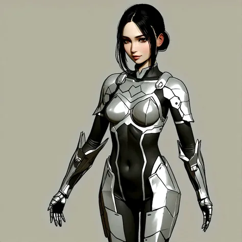 (upper body), (realistic, [anime]), (3d:0.3), dramatic lighting, ((masterpiece)),(quality),(highres), tall Lady Voidstar, [[covered abs]], ((x-ray power armor|lined bodysuit|white power armor) mechanical arms), long black hair undercut, [evil smile], small...