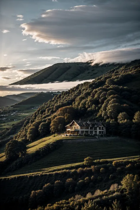 dark luxury house on a hill,  realistic, sun goes down, perfect house