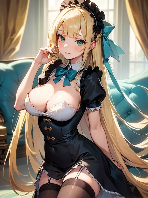 masterpiece, best quality, high quality, detailed, exquisite, beautiful, ((very long hair, blunt bangs, shiny hair, blonde,)) ((green eyes, tareme, droopy eyes,)) pale skin, shiny skin, (petite, short, tiny, glamorous, huge breasts, disproportionate breast...