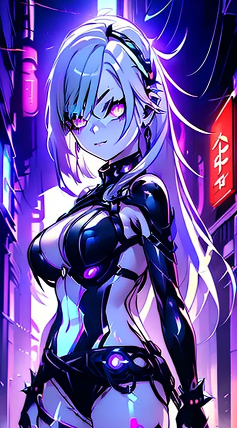 top-quality、Top image quality、​masterpiece、Android Girl((sixteen years old 、Broken, skinny , cybersuit glowing black, red and white、neon  energy source for the chest 、Light blue shiny hair、Long hair , spiky hair, messy hair, long fringe on hair, holding a ...