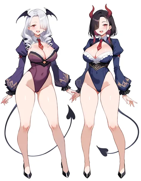 3 girls, variety of hairstyles, high fantasy costume, ((white background)), full body, multiple views, succubus,  thong, shrug, leotard, cleavage, tie, hair over one eye, forehead, 