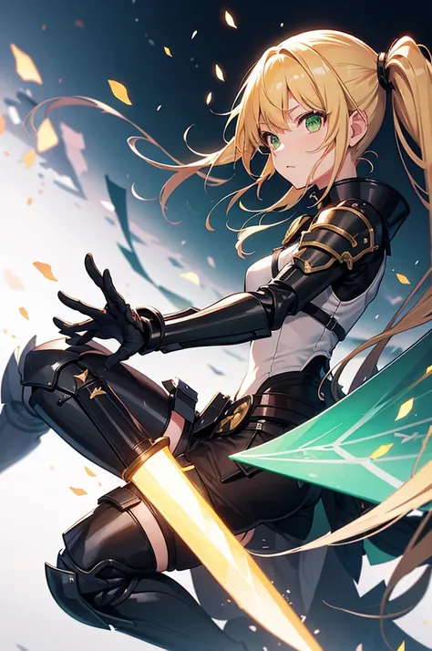 solo,KikoruShinomiya,1girl,blonde hair,twintails,green eyes,black bodysuit,shoulder armor,gauntlets,boots,axe,glowing,holding polearm,