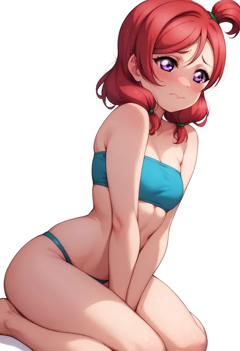 Maki nishikino,love live,highres,red hair , purple eyes,blush , tube top bikini,kneeling ,v arms,white background , embarrassed,(Blushing:1.2)