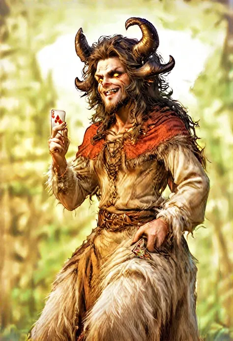 satyr, yellow eyes, medieval clothes, red cloak, black horns, gambler, holding playing cards