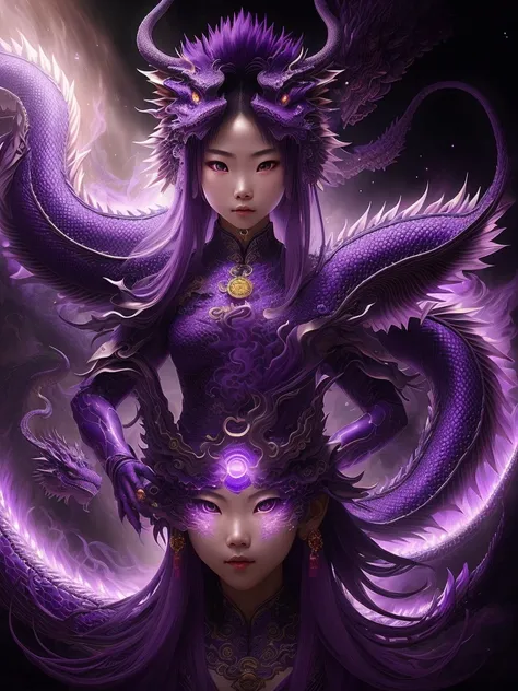 This work must be very long、Unbeatable masterpiece，depicts a mysterious Japanese girl，Mystical image of purple Chinese dragon，Inside your body, a non-humanoid entity that radiates glowing purple energy..，The girl wanted to show this part of the surreal sce...