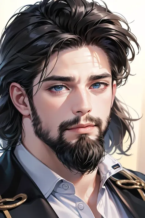 (best quality,4k,8k,highres,masterpiece:1.2),ultra-detailed,(realistic,photorealistic,photo-realistic:1.37),30 year old man,3 day beard,handsome anime,portraits,strong,masculine,dark hair,sharp jawline,mesmerizing eyes,perfectly styled hair,cool anime outf...