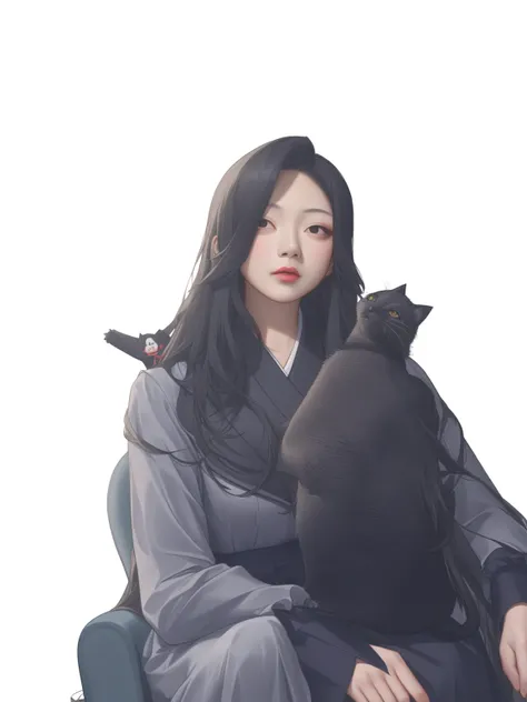 A woman in a white summer dress、Dressed in black cat、Arab woman sitting on a chair, Long hair, asian girl Long hair, Inspired by Huang Ji, Inspired by Wu Bin, Inspired by Kim Jong-hee, A young Asian woman, xintong chen, wenfei ye, Has long black hair, #100...