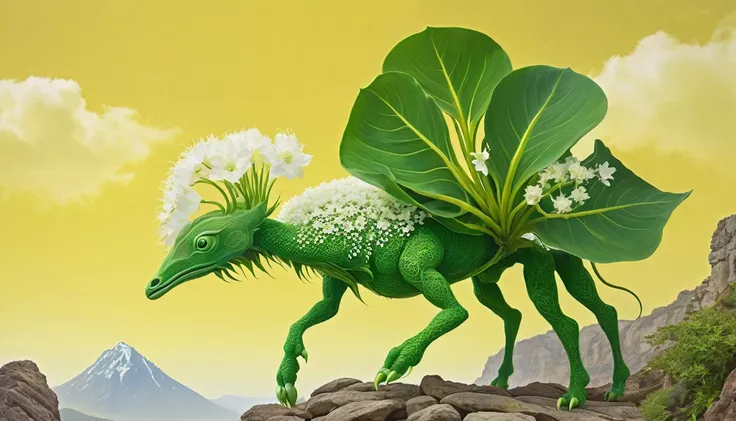 A surreal, fantastical creature with a plant-like body, large green leaves, and white flowers emerging from its form, set against a vibrant yellow background with hints of a rocky or mountainous landscape in the distance.