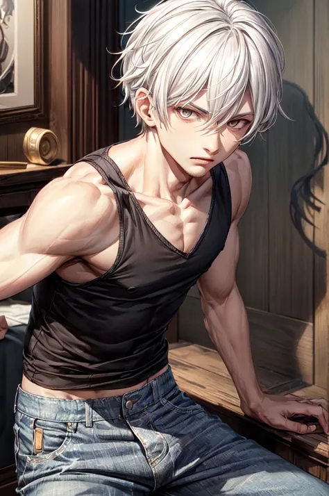 best quality,masterpiece,original,extremely detailed wallpaper,looking at viewer,1boy,solo,male focus,anger_vein,white hair, jeans,black tanktop boxer pants 