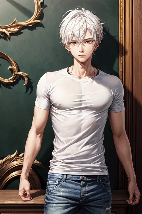 best quality,masterpiece,original,extremely detailed wallpaper,looking at viewer,1boy,solo,male focus,anger_vein,white hair, jeans,black tanktop boxer pants 