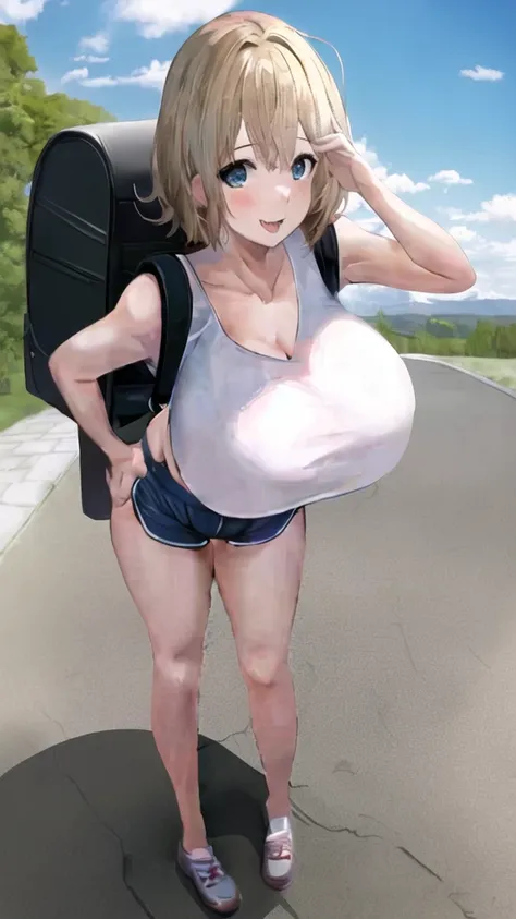 (masterpiece), (absurdres), (1girl), (huge breasts), (solo), ;p, teasing, leaning forward, crop top, crop top overhang, micro shorts, sidewalk, backpack, short hair, one side up, hair tie, (chibi:0.7), hand on hip, hand on own face, (akanbe:1.4),  collarbo...