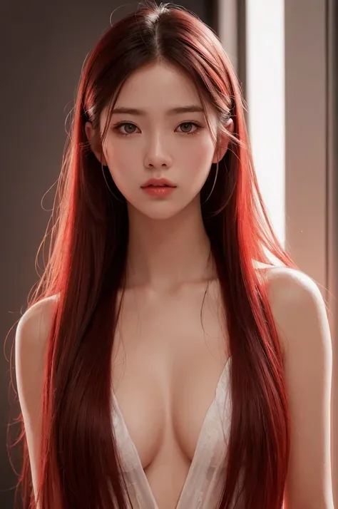 20 year old girl, sexy model, red theme, long hair, high contrast (Natural skin texture, Hyperrealism, Soft Light, sharp), portrait, standing, kpop