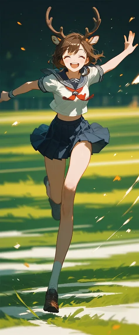 A girl with deer antlers, short brown hair, with sailor uniform, smile happy, running , in school field with a dynamic pose,anime art