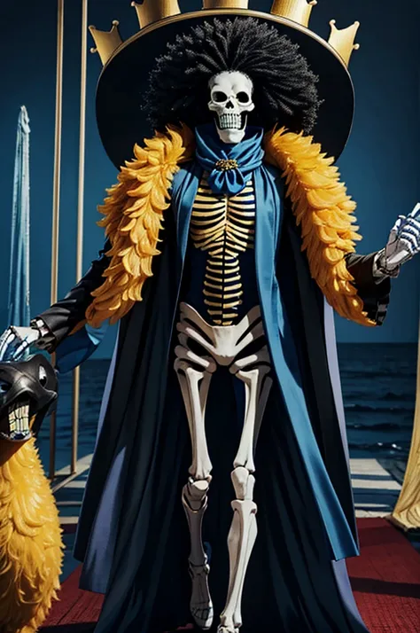 Three-dimensional effect,Standing Full body skeleton,realistic,Crown on head,junbo afro,On a big ship,By the Sea,Blue scarf,Yellow fur,Black coat,Holding a guitar,Glossy body