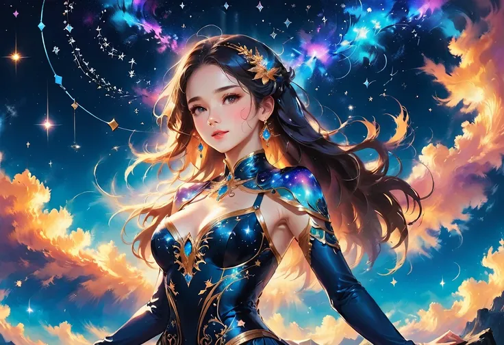 a portrait of an astrologer looking at libra constellation in the night sky, an extraordinary beautiful woman, there is magic in her eyes divining the future from the Libra constellation, dynamic hair color, dynamic hair style, wearing an intricate sapphir...