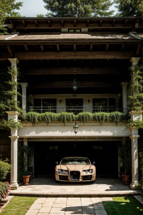 luxury house, big carport with bugatti ferrari and audi, realistic, dobermann in the garden