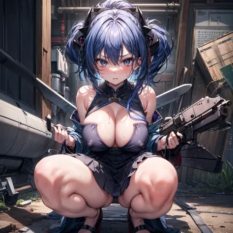 ((Highest quality)), ((masterpiece)), ((detailed)), (4K), 1girl, 独奏, indigo blue hair, long hair, black tube top, Miniskirt, squatting, (open legs), large breasts, erect nipples, angry, looking at viewer, (from above), breast focus, town, wasteland, sweat