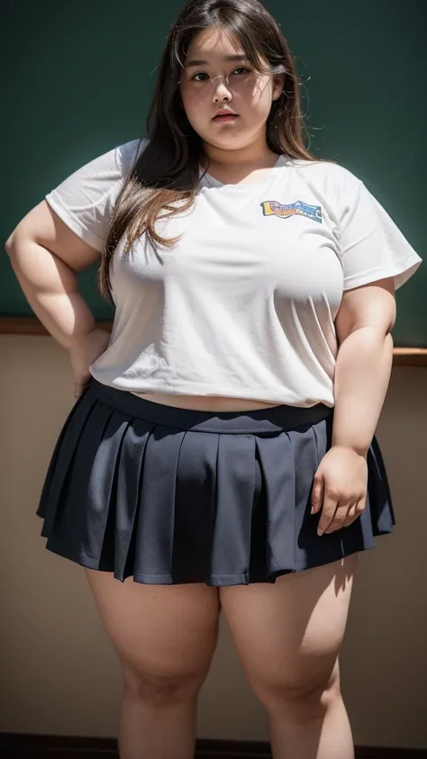 a 10 year old obese girl, chubby cheeks, round face, double chin, thick arms and legs, wearing a , standing in a school setting, realistic, detailed, highly detailed, intricate details, photorealistic, 8k, masterpiece, cinematic lighting, dramatic shadows,...