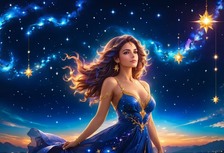 a portrait of an astrologer looking at libra constellation in the night sky, an extraordinary beautiful woman, there is magic in...