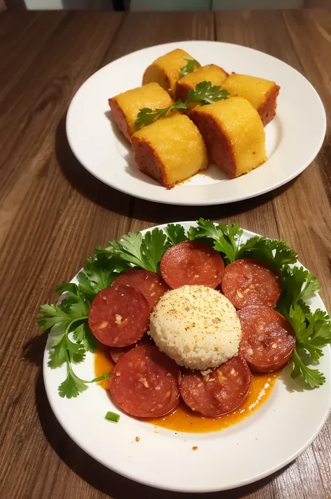 plate of food with sliced pepperoni and brazilian manioc flour, photo realistic, 4k, real plate, white plate, good quality, hd, brazilian food, brazilian farofa, parsley