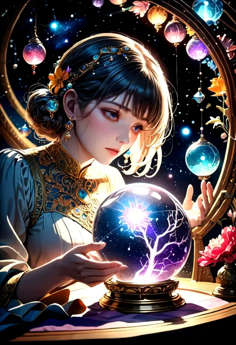 (Astrologer), female astrologer is gazing at a crystal ball, trying to see the future from it. The crystal ball reflects the radiance of a galaxy, with a background of night sky and twinkling constellations. close-up, award-winning, cinematic still, emotio...