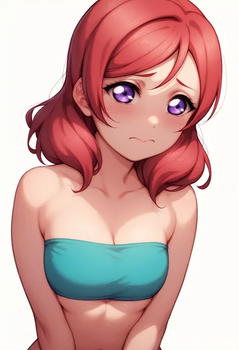 Maki nishikino,love live, cowboy shot,highres,red hair , purple eyes,blush , tube top bikini, standing ,v arms,white background , shy