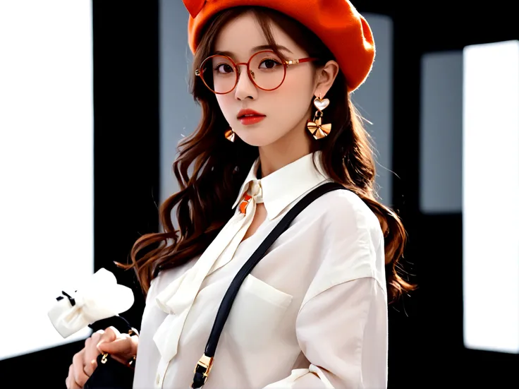 1girl, solo, long hair, looking at viewer, simple background, brown hair, shirt, long sleeves, hat, bow, jewelry, white shirt, upper body, earrings, glasses, bag, lips, head tilt, beret, black background, orange bow, round eyewear