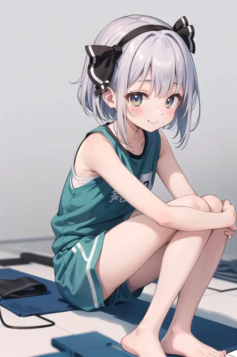 (((((whole body)))))、Youmu, Very cute gym clothes 、smile,、Cowboy Shot、Sitting on the floor、With legs apart、Both hands on the floor、Simple Background、