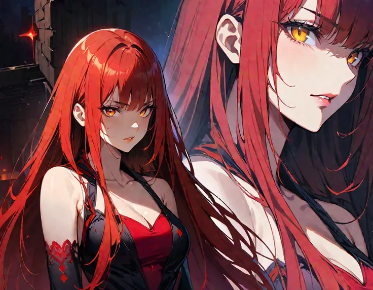 Long red hair, yellow eyes, evil, sexy, black and red clothes, cute hairstyle, evil face, evil, serious look, gloss lips, sinister, front look, bloody, gloves, beautiful eyes, short dress, big white, dark place, night, sensual, straight hair cut, clear ski...