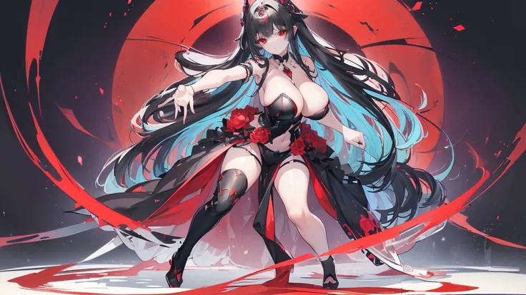 (Exquisite eyes),(Clear and beautiful eyes:1.61),masterpiece, 1 young girl,(Black clothes and some red gems), Black long hair, (She has a huge red gem on her chest), Good Hand,((The Havoc of StarCraft)),full-body shot,Fighting Stance,(Red Eyes:1.466)，short...